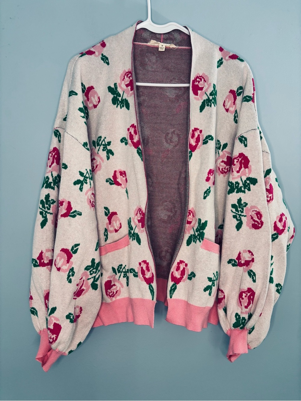 J.nna Knit Rose Floral Open Front Cardigan Pink Front Pockets Barbie Girly